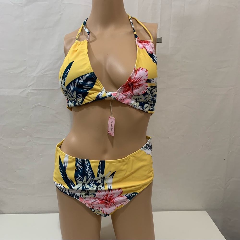 Sunkiss Palm Beach Tropical Floral Yellow 2Piece Bikini Swimsuit Size Med